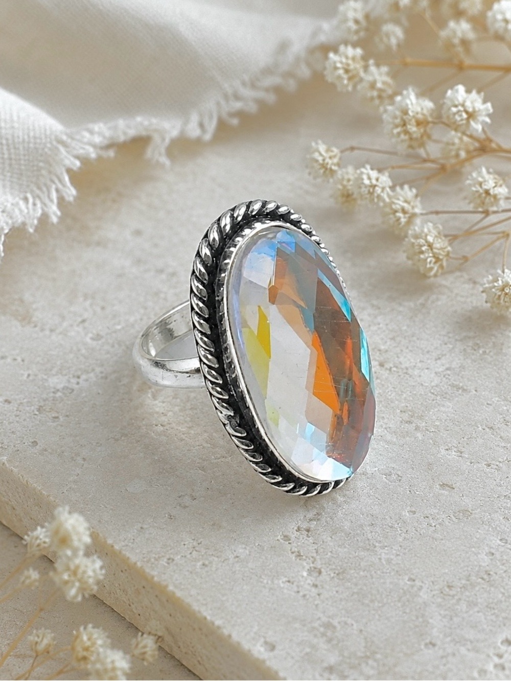 Faceted Aura Rainbow Topaz 925 Silver Ring Sz 5.75-6